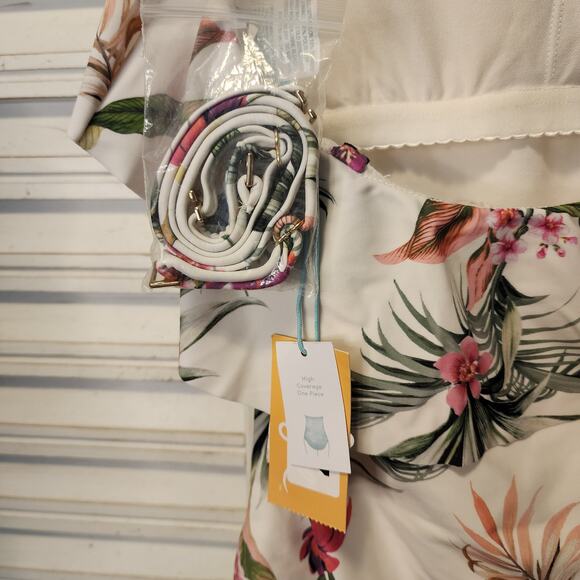 Kona Sol White Floral One Piece NWT Bathing Suit Small High Coverage #3540 - Picture 5 of 7